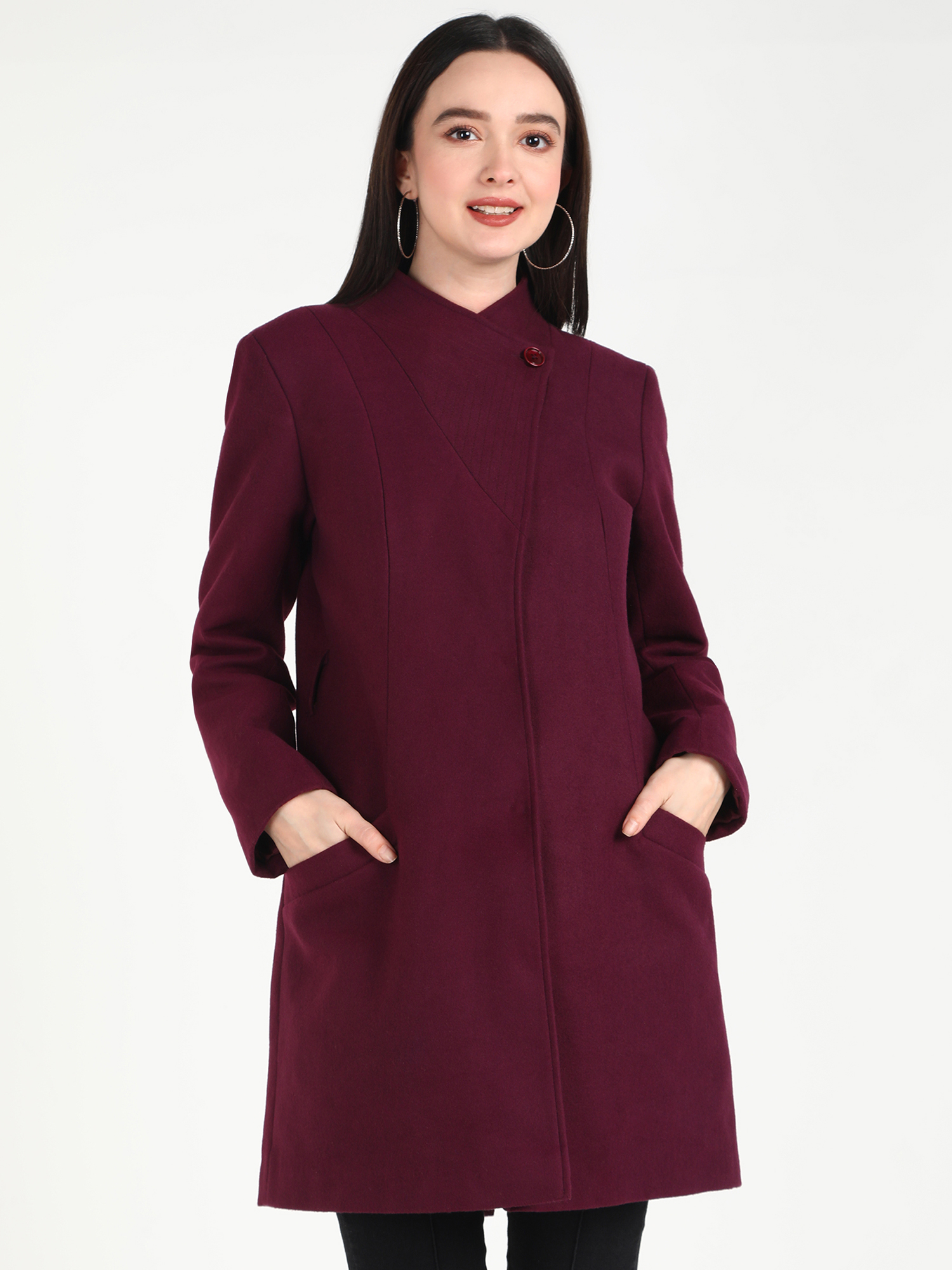 Women's Solid Cropped Overcoat with Snap Buttons