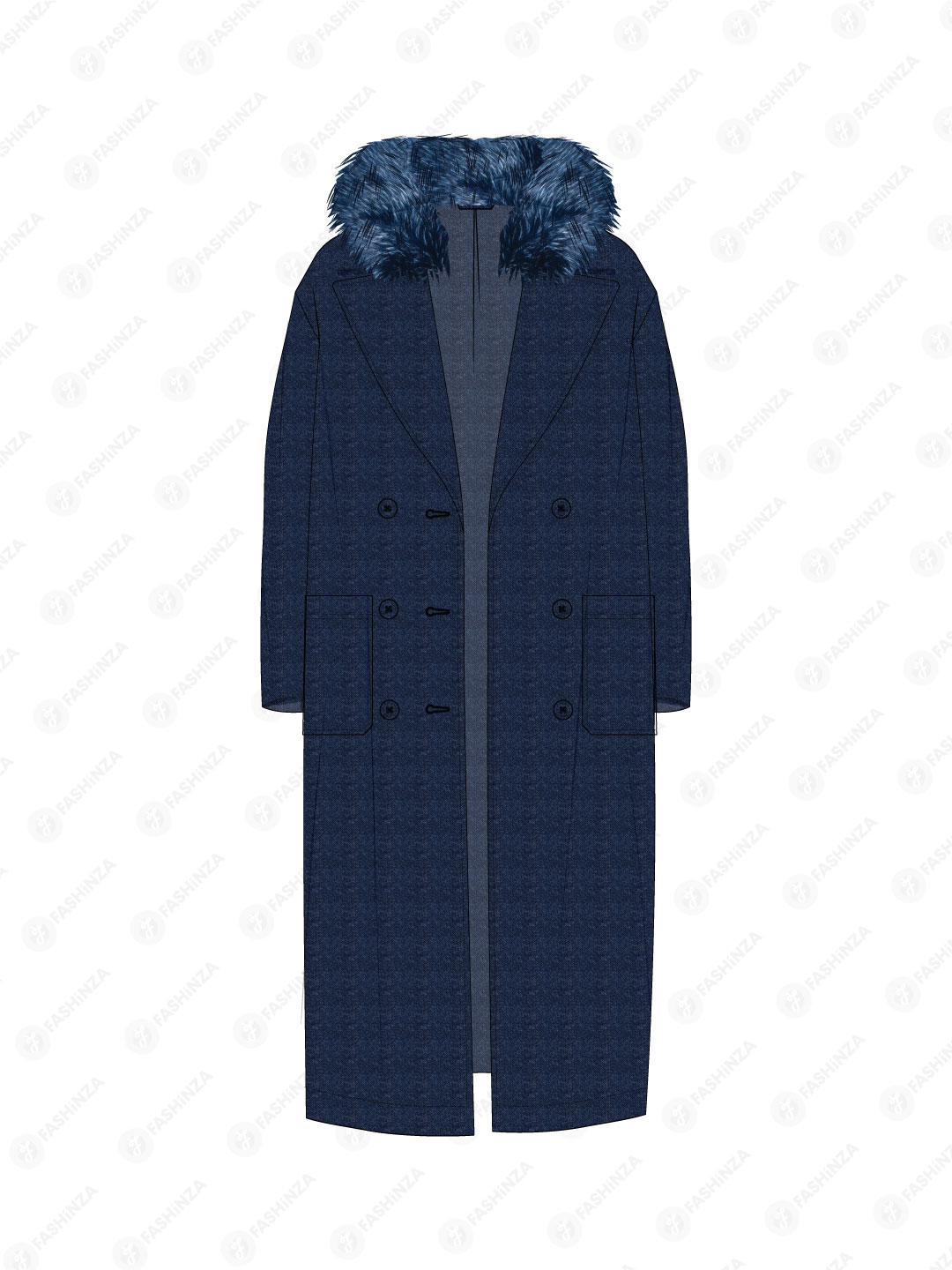Women’s Long Denim Coat With Fur Collar & Patch Pockets
